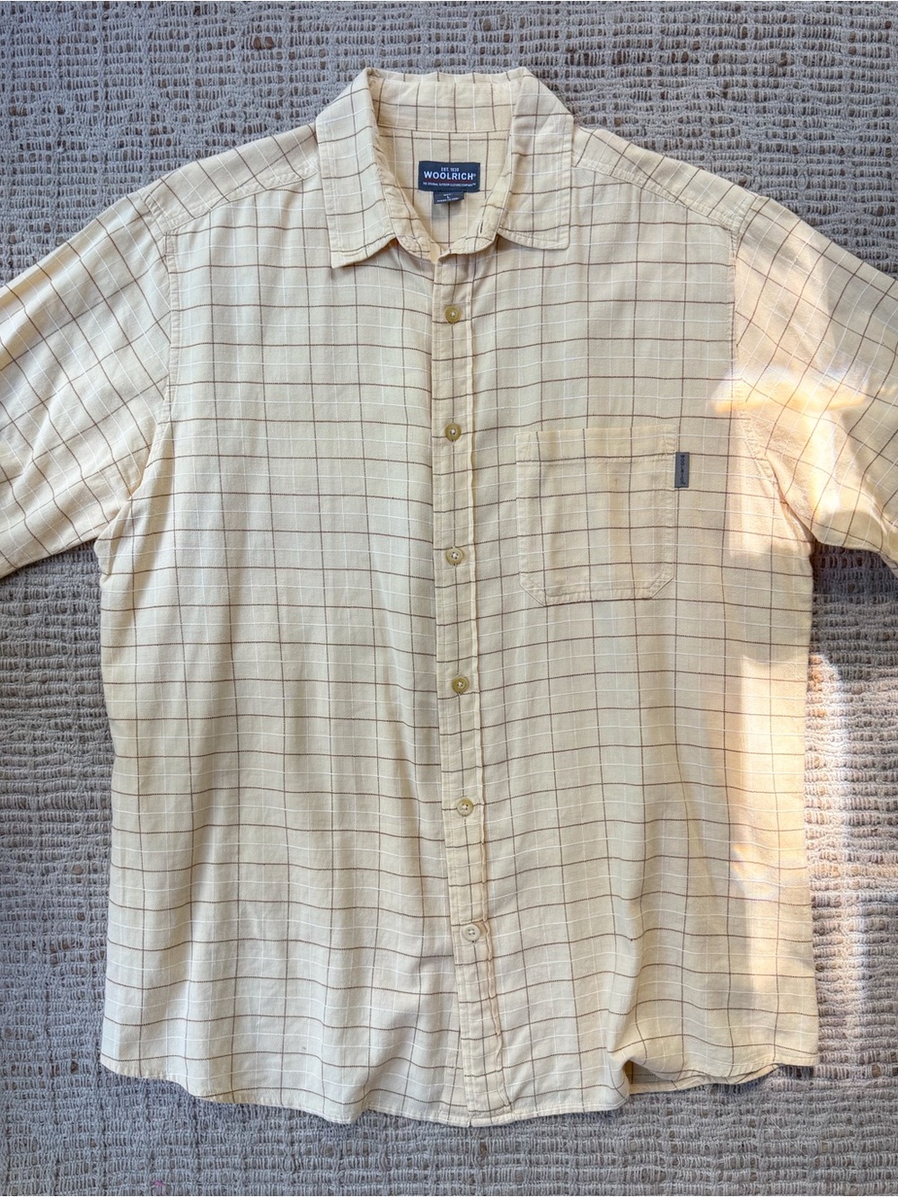 Woolrich light yellow windowpane plaid short sleeve button down work shirt - L